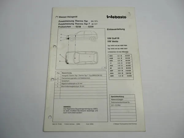 VW Golf 3 1H Vento 1H2 Einbauanleitung Webasto Top T BW50/DW50 Heizung 1994