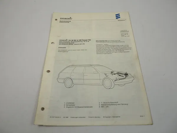 VW Passat TDI Bj. ab 10.93 und 8.95 Eberspächer Hydronic D4WSC Einbau Heizgerät