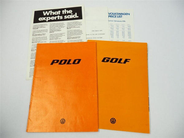 VW Polo Golf1 3x Prospekt Brochure Price List 1975/76 Englische Ausgabe