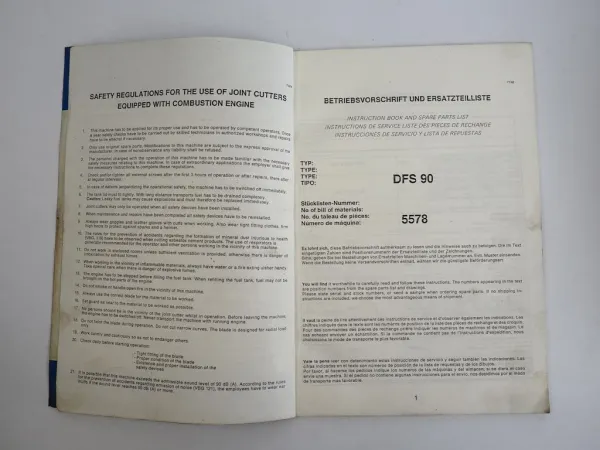 Wacker DFS90 Diesel-Fugenschneider Betriebsanleitung Ersatzteilliste 1986