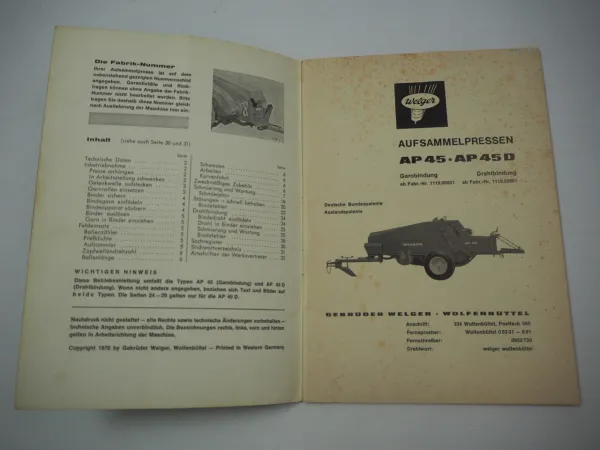 Welger AP45 D Aufsammelpresse Bedienungsanleitung Betriebsanleitung 1970