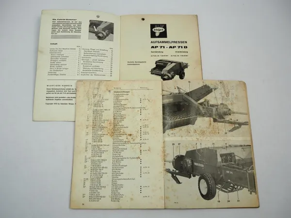 Welger AP71 AP71D Aufsammelpresse Betriebsanleitung Ersatzteilliste 1972