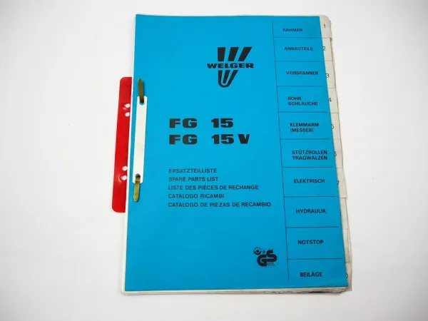 Welger FG15 FG15V Ballenwickler Ersatzteilliste Ersatzteilkataog 1992