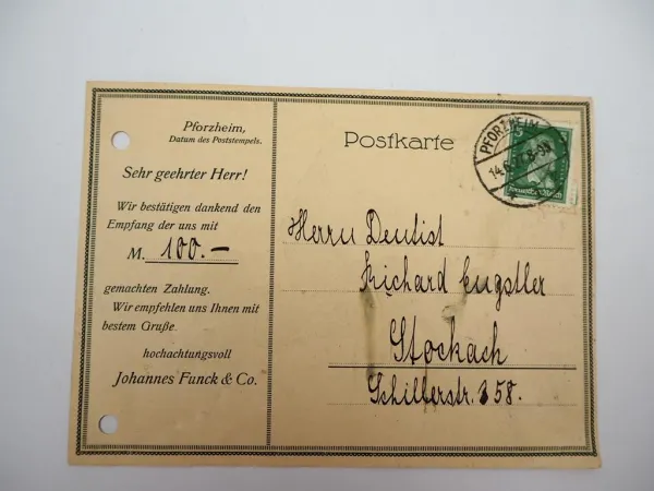 Werbung Postkarte Zahnarztstuhl Biber 1927 Funck & Co. Pforzheim Dentist