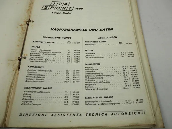 Werkstatthandbuch Fiat 124 Sport 1600 BC1 BS1 Hauptmerkmale Daten Reparatur 1970