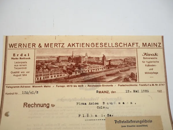 Werner & Mertz AG Mainz Rechnung über Erdal Tuben 1925 Kwak Rotfrosch