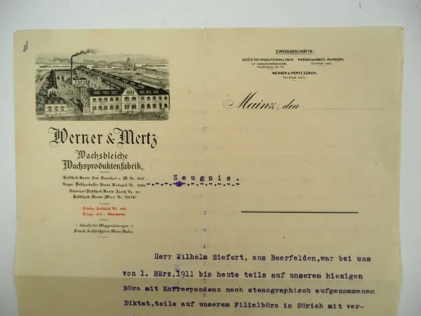 Werner Mertz Wachsfabrik Mainz Geschäftsbrief 1912