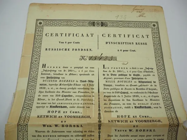 Wertpapier Russische Staatsanleihe 1840 Amsterdam Rubel Kopeken Hope Borski