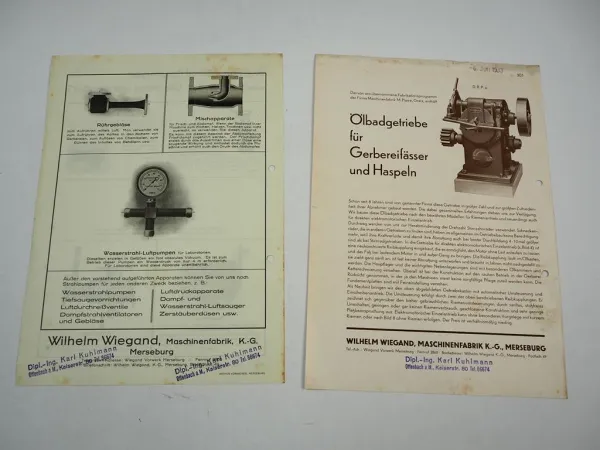 Wilhelm Wiegand Maschinenfabrik KG Merseburg Getriebe 2x Prospekt 1930er Jahre