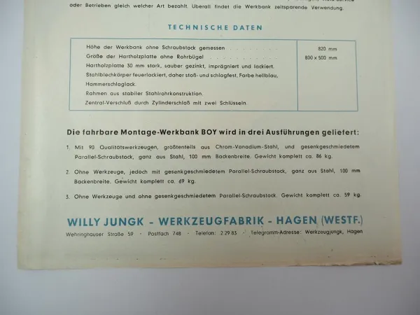 Willy Jungk Werkzeugfabrik Hagen Montage Werkbank Boy Prospekt 1959