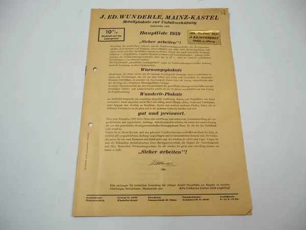 Wunderle Mainz Kastel Katalog Metallplakate zur Unfallverhütung 1959