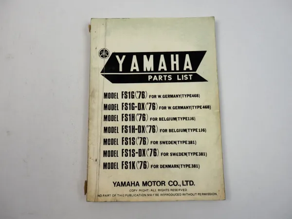 Yamaha FS1G FS1G-DX FS1H FS1H-DX FS1S FS1S-DX FS1K Parts list 1975