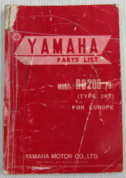 Yamaha RD200 Model Year 1978 Type 2R7 for Europe Spare Parts List Catalog