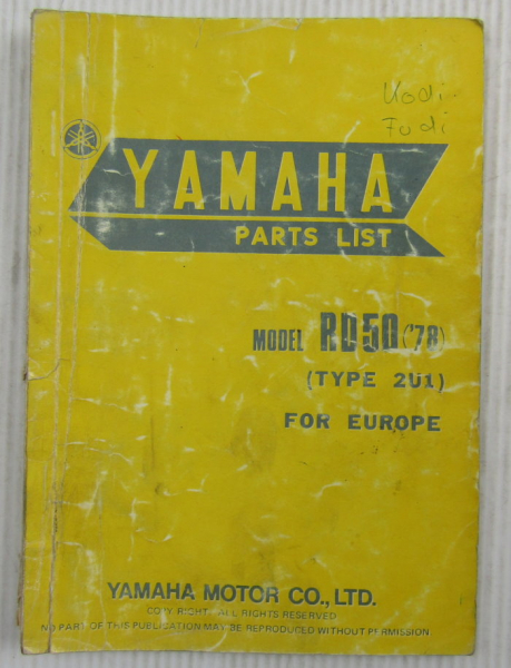 Yamaha RD50 Model Year 1978 Type 2U1 for Europe Spare Parts List Catalog