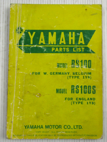 Yamaha RS100 for Germany RS100S for England Type 1Y8 Spare Parts List Catalog