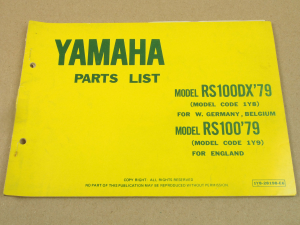 Yamaha RS100DX 1Y8 RS100 1Y9 1979 Teilekatalog Ersatzteilkatalog Parts List