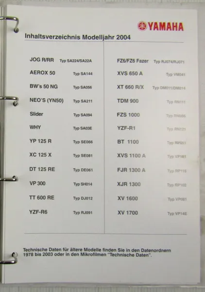 Yamaha Service Daten 2004 2005 - 55 Inspektionsblätter Zweirad Inspektionsblatt