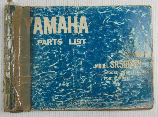 Yamaha SR500 Model Year 1979 Type 2J4 and 3H0 for Europe Parts List Catalog