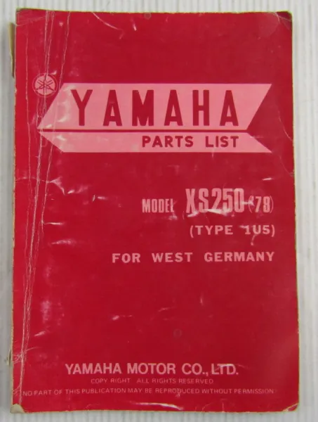 Yamaha XS250 Model Year 1978 Type 1U5 for W. Germany Spare Parts List Catalog