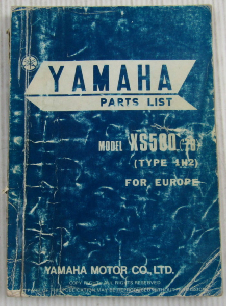 Yamaha XS500 Model Year 1978 Type 1H2 for Europe Spare Parts List Catalog