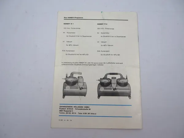 Zahnradwerk Köllmann Handy K1 K2 Kompressor Betriebsanleitung Ersatzteilliste