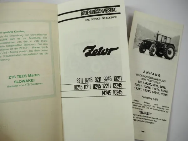 Zetor 8211-10211 10245-16245 Bedienungsanleitung & Ersatzteilkatalog 1988