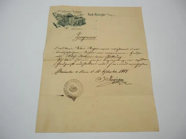 Zeugnis Firmenbrief Hotel Schwan Bad Münster Bad Kreuznach Rheinland Pfalz 1901