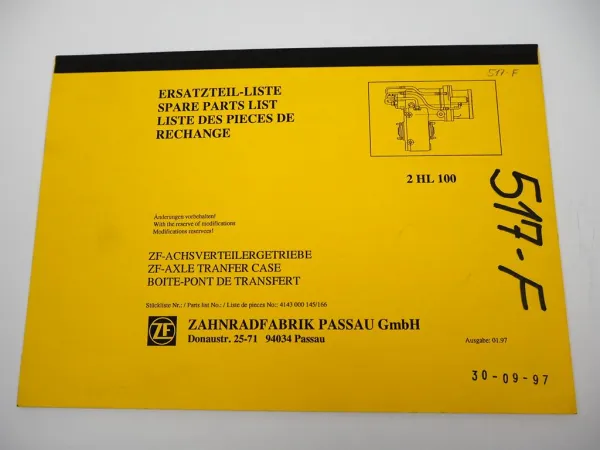 ZF 2HL 100 Achsverteilergetriebe Ersatzteilliste Liebherr Parts List 01/1997