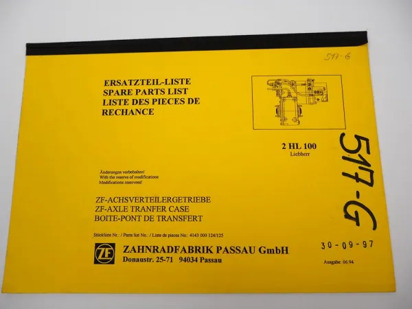 ZF 2HL 100 Achsverteilergetriebe Ersatzteilliste Liebherr Parts List 06/1994