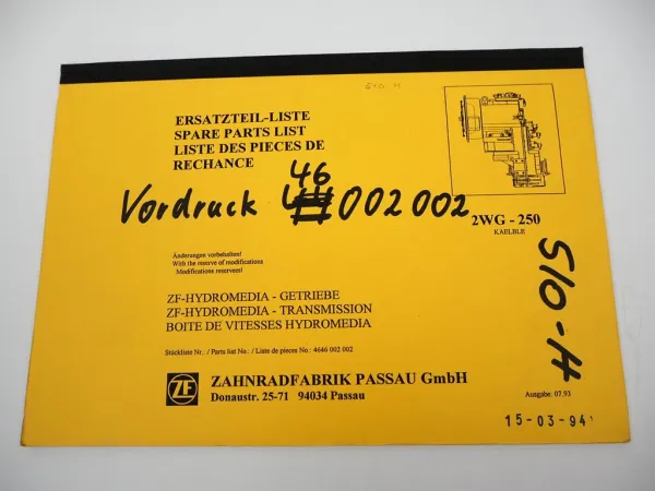 ZF 2WG-250 Hydromedia Getriebe Ersatzteilliste Kaelble Parts List 07/1993