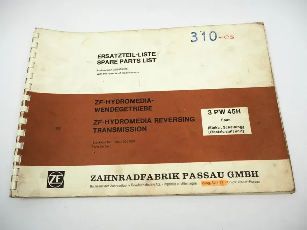 ZF 3 PW 45 H Hydromedia Wendegetriebe Ersatzteilliste Faun Parts List 04/1977