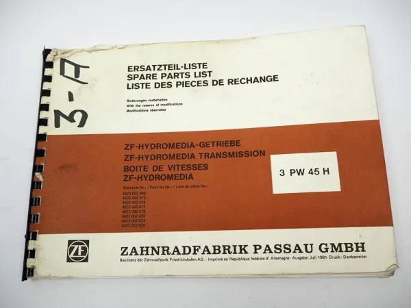 ZF 3 PW 45 H Hydromedia Wendegetriebe Ersatzteilliste Peiner Faun Parts List 81