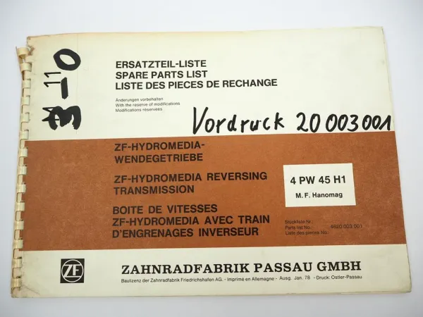 ZF 4 PW 45 H1 Hydromedia Wendegetriebe Ersatzteilliste MF Hanomag Parts List 78