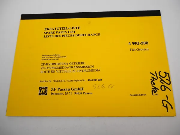 ZF 4 WG-200 Hydromedia Getriebe Ersatzteilliste Fiat Geotech Parts List 10/1990