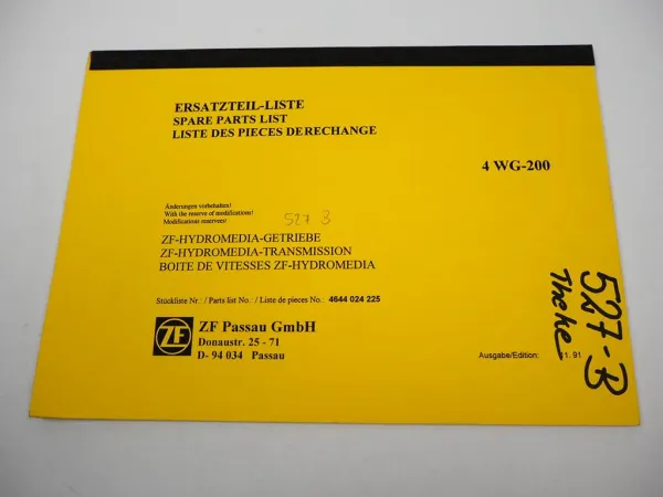 ZF 4 WG-200 Hydromedia Getriebe Ersatzteilliste Zettelmeyer Case Kaeble 11/1991