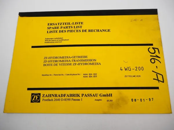 ZF 4 WG-200 Hydromedia Getriebe Ersatzteilliste Zettelmeyer Parts List 03/1993