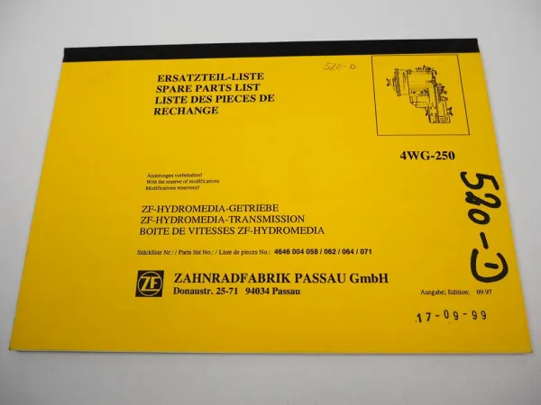 ZF 4 WG-250 Hydromedia Getriebe für Baumaschinen Ersatzteilliste Parts List 93