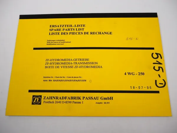 ZF 4 WG-250 Hydromedia Getriebe für Baumaschinen Ersatzteilliste Parts List 93