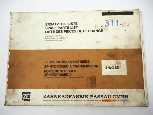 ZF 4 WG 65 II Getriebe Ersatzteilliste Kaelble Schopf Menck Hambrock 02/1981