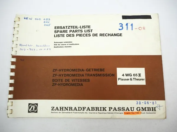 ZF 4 WG 65 II Hydromedia Getriebe Ersatzteilliste Plasser & Theurer Bahn 1980