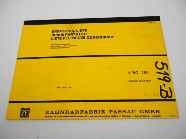 ZF 4WG-180 Hydromedia Getriebe Ersatzteilliste Kaelble-Gmeinder Parts List 07/92