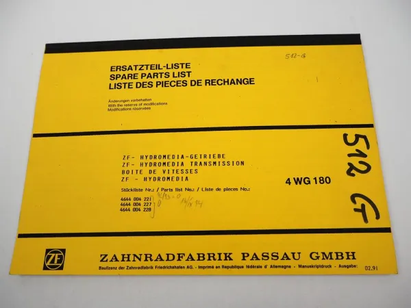 ZF 4WG-180 Hydromedia Getriebe Ersatzteilliste Kaelble Zettelmeyer Parts List 91