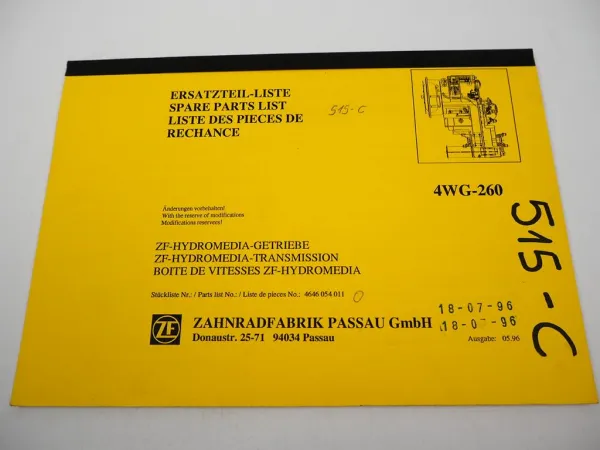 ZF 4WG-260 Hydromedia Getriebe Ersatzteilliste John Deere JCB Liebherr Kaelble 96