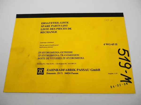 ZF 4WG-65 II Hydromedia Getriebe Ersatzteilliste Plasser & Theurer Parts List 87