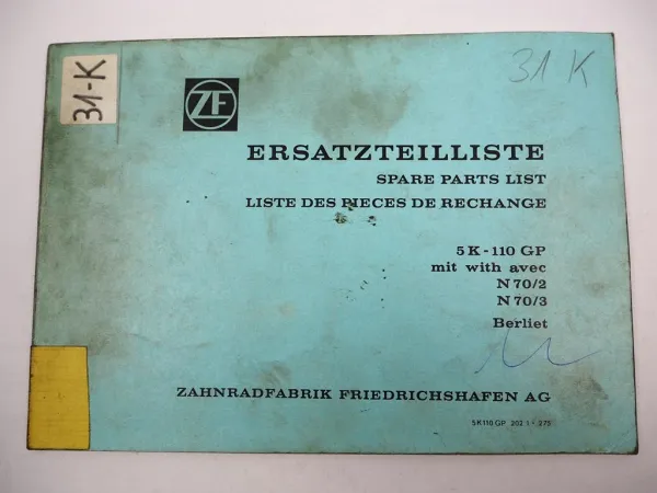 ZF 5 K -110 GP Allklauen Getriebe Ersatzteilliste Berliet Spare Parts List 2/75