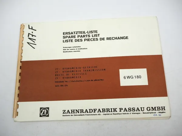 ZF 6 WG 180 Hydromedia Getriebe Ersatzteilliste O&K Faun Krupp Terex 02/1986