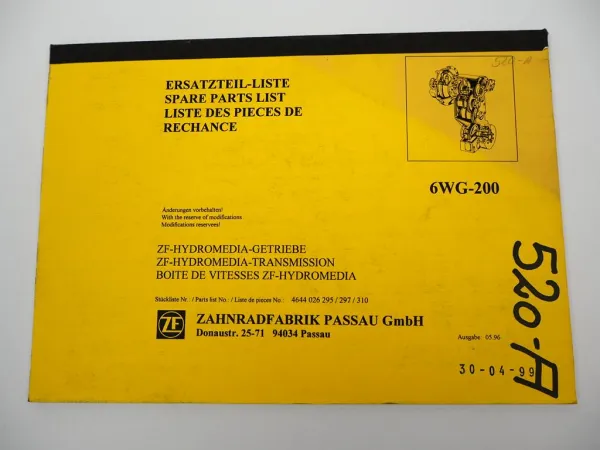 ZF 6 WG-200 Getriebe Ersatzteilliste Potain Poclain Faun O&K Parts List 05/1996