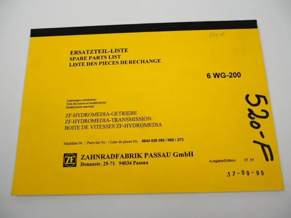 ZF 6 WG-200 Getriebe Ersatzteilliste Potain Poclain Faun O&K Parts List 07/1991