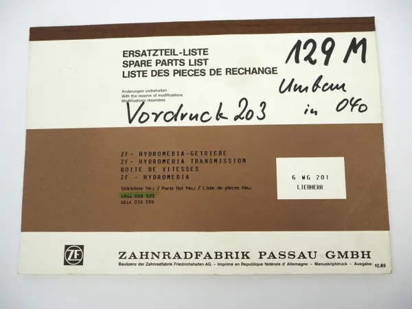 ZF 6 WG 201 Hydromedia Getriebe Ersatzteilliste Liebherr Parts List 10/1989