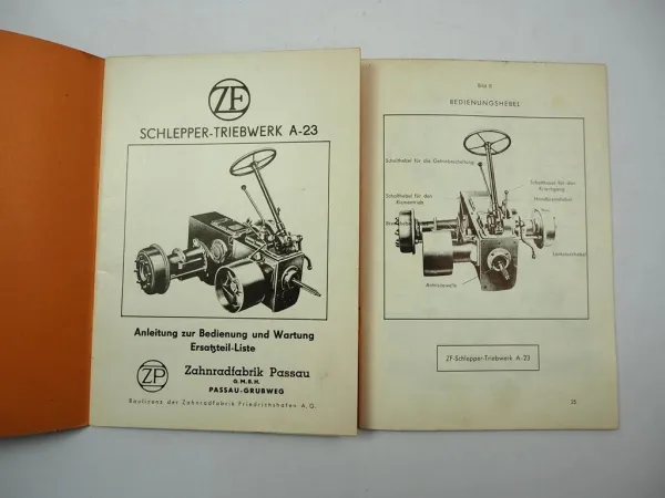 ZF A23 A-23 Getriebe Schleppertriebwerk Betriebsanleitung Ersatzteilliste